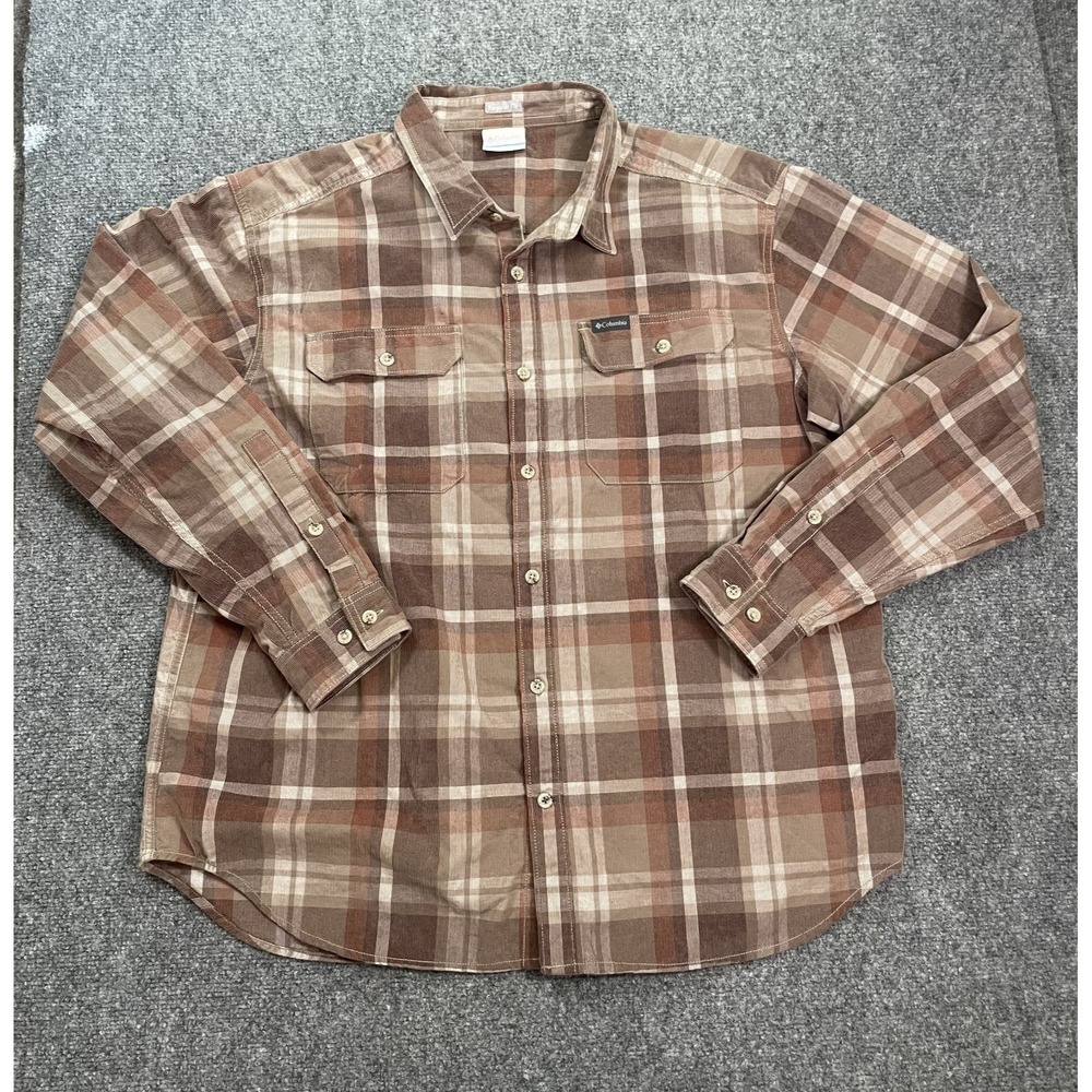 Columbia Plaid Corduroy Camp Shirt Men XL Brown Flannel Button Up Regular Fit